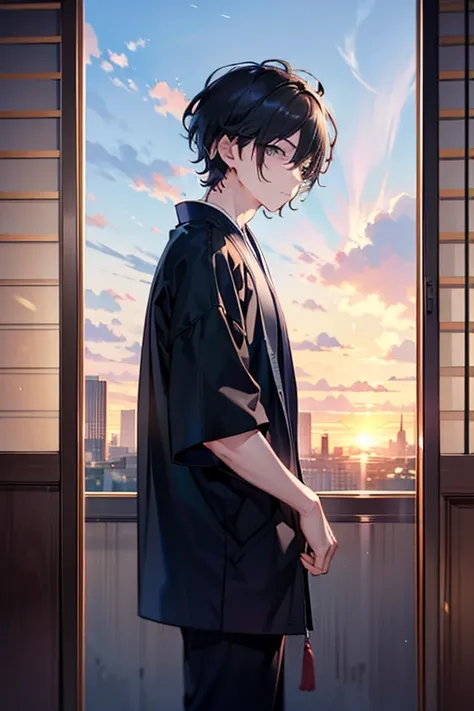 Illustration of a beautiful landscape and a man's profile、masterpiece、A man looking at a city with a sunset in the near future from the window of his room in the near future(Modern Japanese、A young man about 20 years old、Melancholy Atmosphere、black short v...