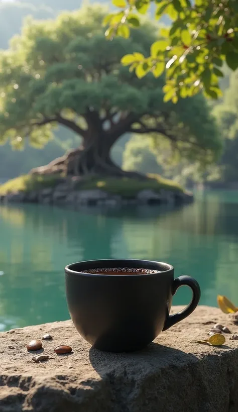 A black cup of black coffee at the beautiful place, on stone, lake, a world tree