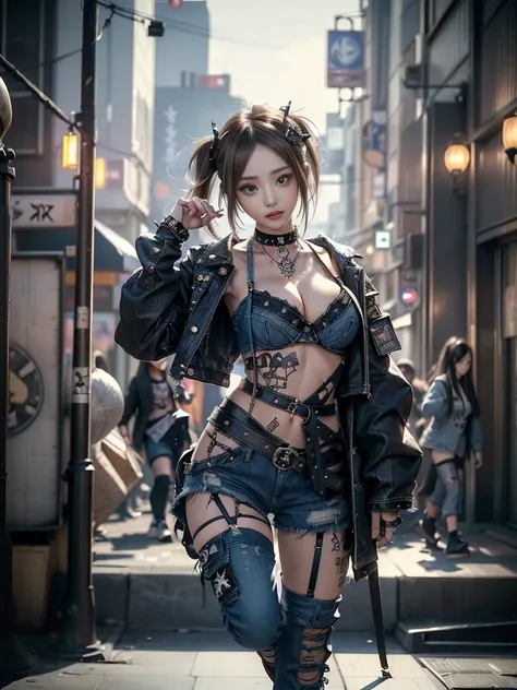 (Beautiful lips and nose:1.4)、(long lashes:1.4)、(teeth and laugh:1.3),(Shibuya Gal:1.5)、(Goth delicate embellished dress:1.5)、(Tattered denim and black punk rock cargo pants:1.5)、( Denim and Black Navy Skull Mark Small Jacket:1.4)、(denim garter belt:1.5)、(...