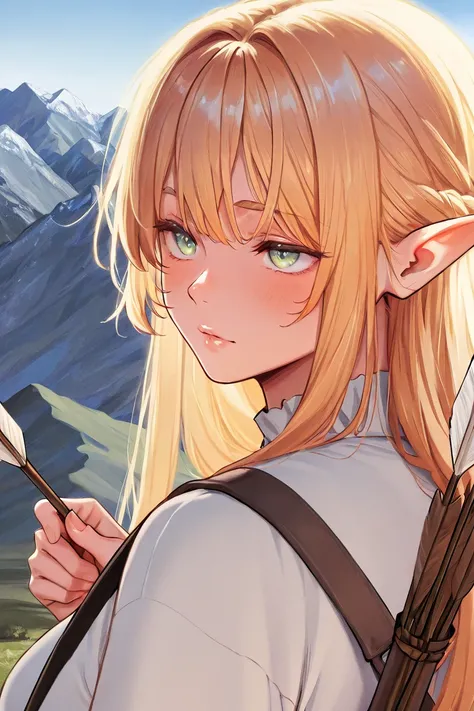  elf woman, (( Masterpiece , runs away from the mountain High quality, high resolution, 8K high-resolution unified CG drawing )),  in my hand is very aesthetically pleasing,  young woman, full detailed lips with a highlight, blond golden hair and a bow wit...