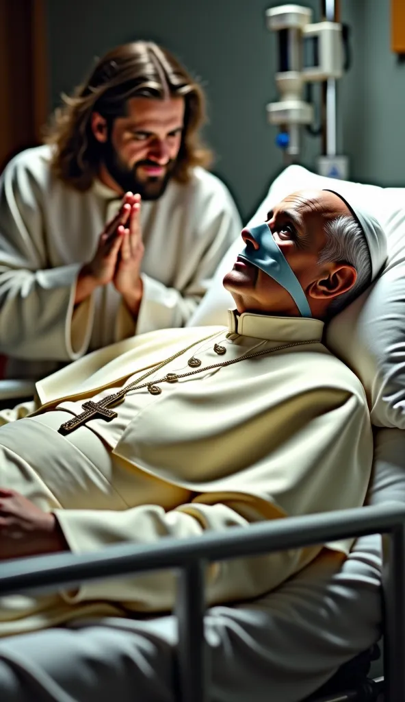 Create a moving and moving scene where the current Pope, dressed in his religious robes, lies on a hospital gurney. He wears a breathing mask over his face. He is surrounded by medical equipment, his expression calm but fragile. Beside him is Jesus, with a...