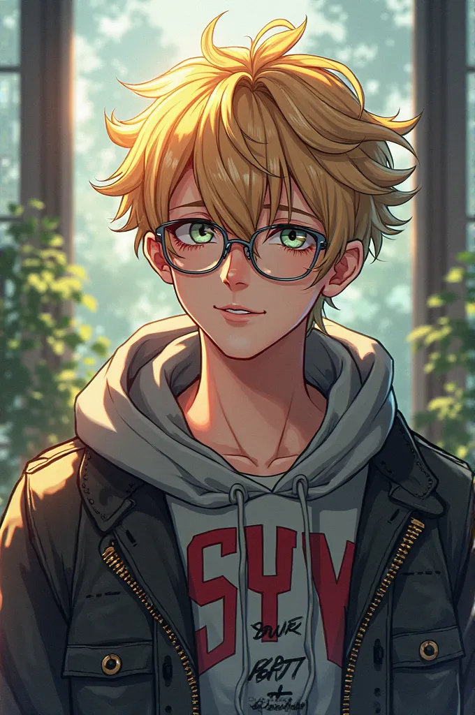 Create a male college character with disheveled blond hair, wearing glasses and wearing rock band clothing with an anime style 