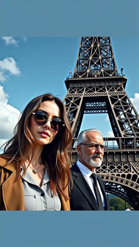 Cinematic photo movie film still best quality, masterpiece, photo-realistic, surreal, professional photo taken with Canon EOS R6,80mm, Lara is a modern 30-year-old girl, adventurous, formal. Posing in front of the Eiffel Tower, wearing sunglasses, next to ...