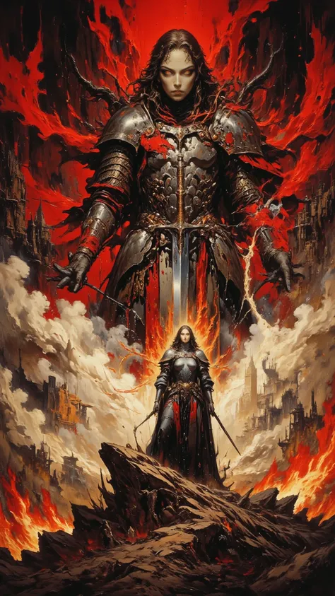 Female Knight,Hell demon battle screen ， Wayne Reynolds draws，with a highly detailed and dynamic style, Magnificent and spectacular scene，gorgeous