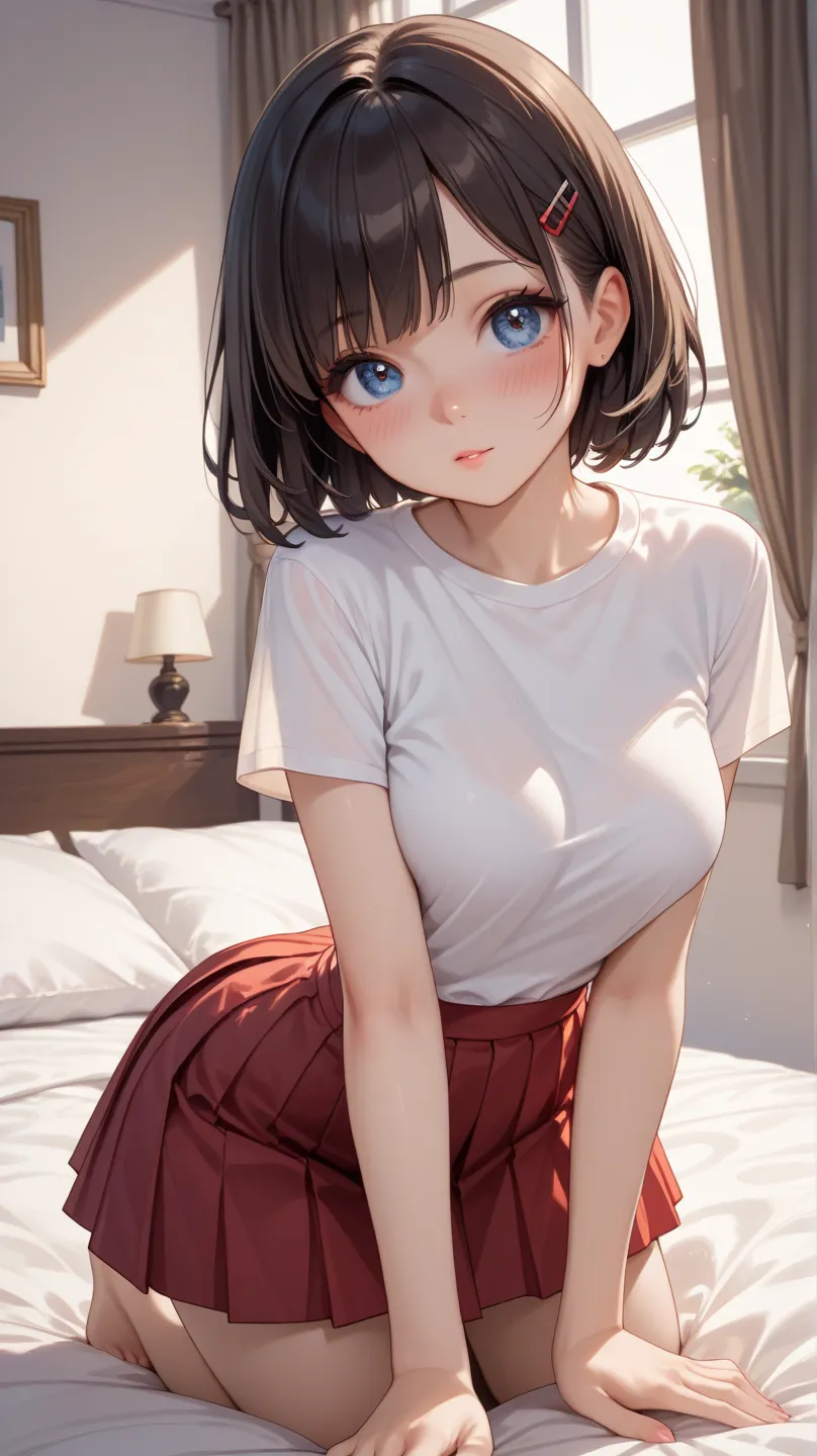 Score_9, Score_8_up , Score_7_up , young girl, Dark brown , medium bob, stupid hair, blue eyes, round eyes, 1 girl, Beautiful breasts, cute, white short sleeve shirt, red pleated skirt, Western-style room, shy, blush, on all fours, sticks out your butt, be...