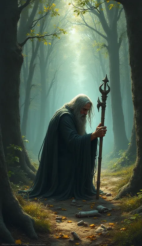 A wizard with his shattered staff on his knees in a forest alone with his sadness 