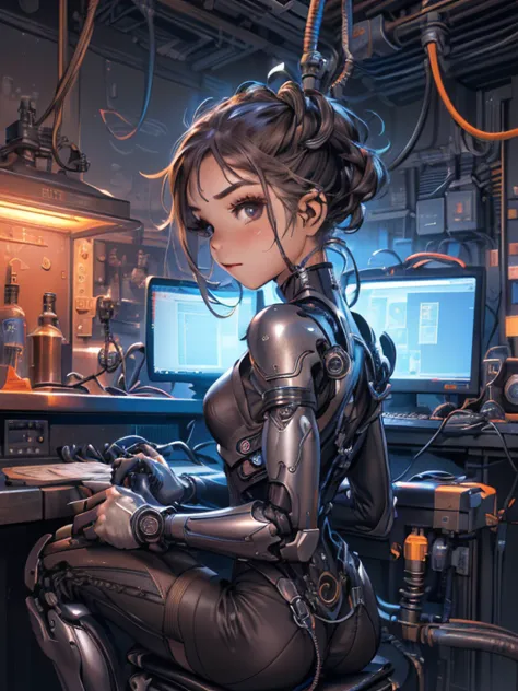 (((Artwork))), ((highest quality)), ((ultra detailed)), (computer graphics illustration), (Very cunning and beautiful)), (cute face on a desktop),  cinematic lights , (( 1 mechanical girl in a European castle)), single,  Move forward , (mechanical gasket)....