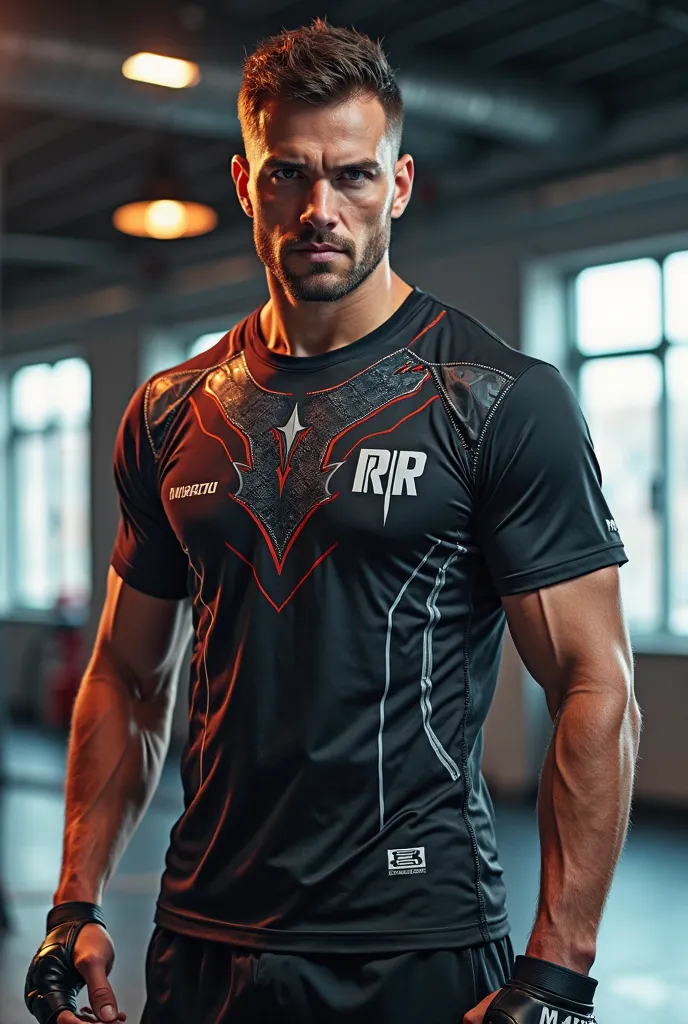 Design of sport T-shirt for fighters MMA , inspiration by MANTO sport style , presented on model , many colors,  ultra modern design , gym in background, 