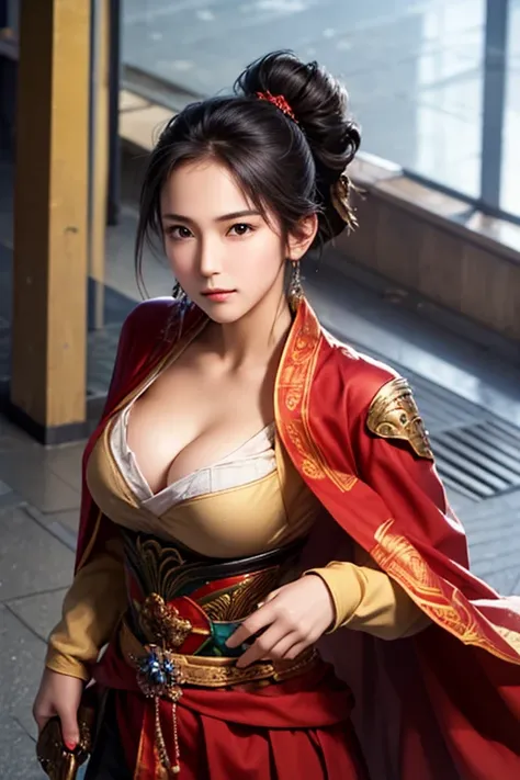 The upper body of a female warrior wearing red and gold armor and cloak, 1 person, cute ponytail ,Age 30, (((Real Face))), slightly larger breasts and cleavage, exposes cleavage,Scary face,  very fine face and skin texture , staring at the camera,   Chines...