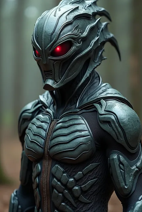 Superhero costume with a dragon skull helmet but like a normal helmet it doesn't stick out or anything, Let it be a technological symbiote style suit with red eyes, The costume with muted colors. I give you context of the superhero is a human who merged wi...