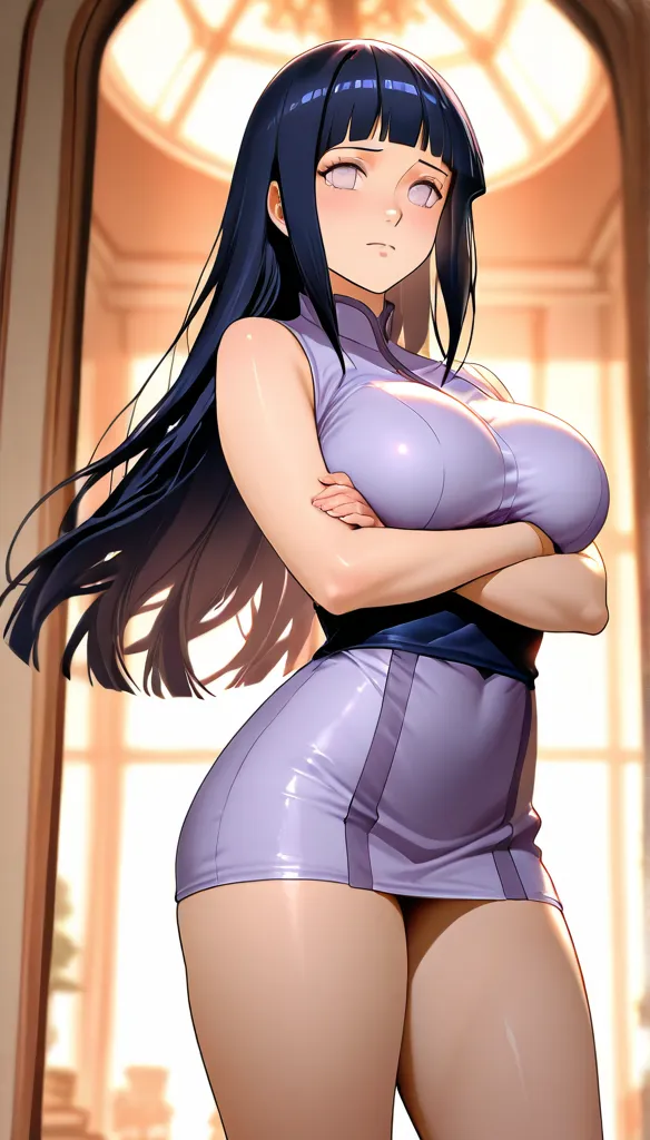 (Extremely Detailed Images Unity 8K Wallpaper), hyuuga Hinata, short tight dress, thick thighs, perfect ass, thin waist, she has her arms crossed under her breasts, bottom view, scenery,