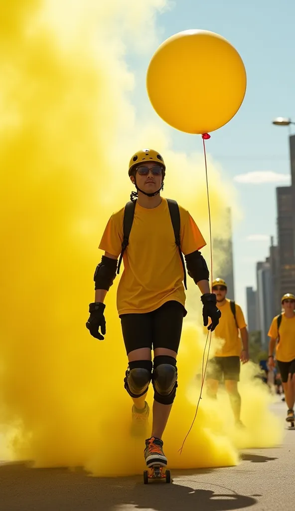 group of massive people aged 22, wearing yellow t-shirts,  short black, using skates, hull, knee pads, Gloves, helium balloon in the hand, moving around the city in the day, yellow smoke flare, yellow luminous wheels, 