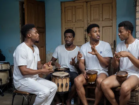 three black Brazilian men in white clothes are sitting playing African drums with their hands. In the background of blue walls , old house.  The hands come into contact with the drums