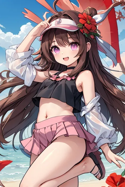  an anime girl,  Pink Eyes, long dark brown hair , (( dark brown hair )),  pink sportswear, good face, cute body, big arms and legs, pleated pink skirt, pink sports skirt, ((Black fitted short top )), Square black sleeveless fitted compression crop top, [[...