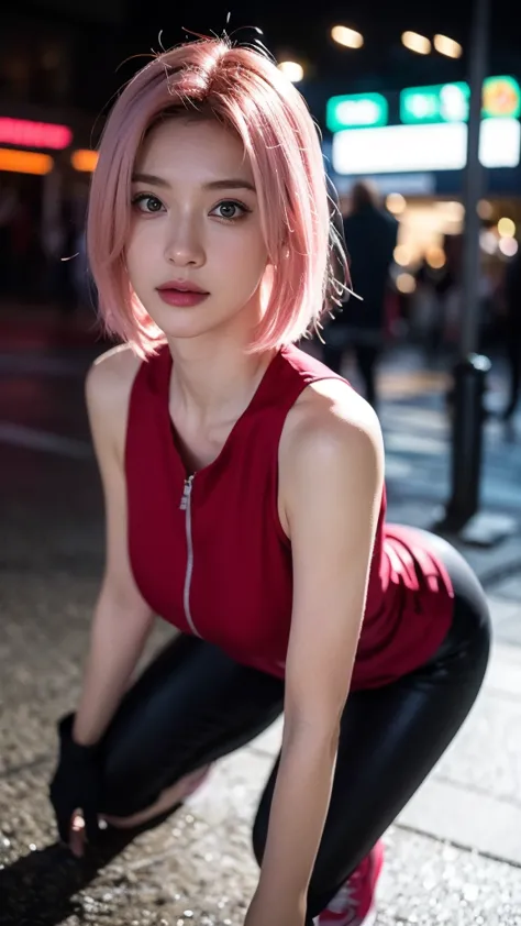 A highly realistic depiction of a young woman inspired by Haruno Sakura from Naruto, reimagined in the real world. She has shoulder-length pastel pink hair with a natural texture, slightly tousled, and deep green eyes with a lifelike sparkle. Her skin is s...