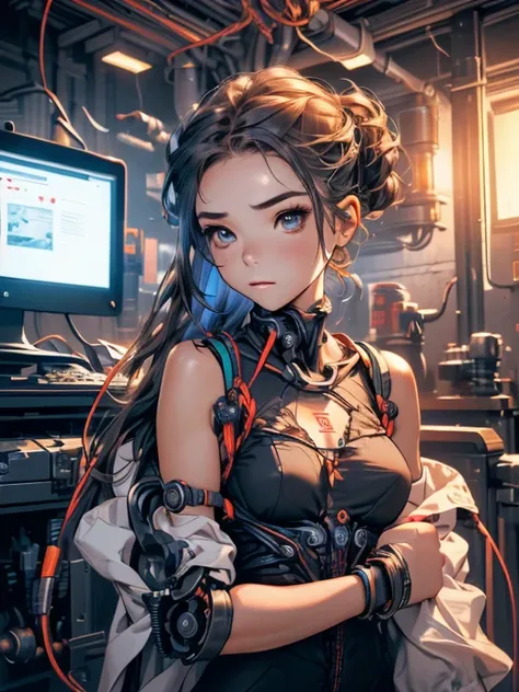 (((Artwork))), ((highest quality)), ((ultra detailed)), (computer graphics illustration), (Very cunning and beautiful)), (cute face on a desktop),  cinematic lights , (( 1 mechanical girl in a European castle)), single,  Move forward , (mechanical gasket)....