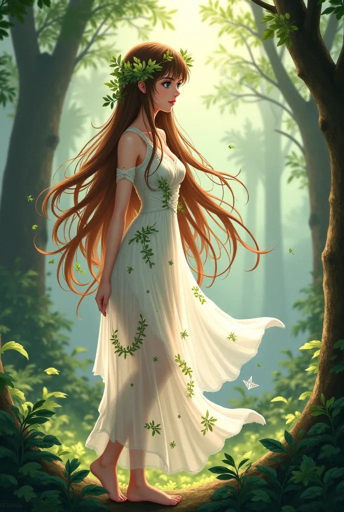 Anime type woman , and 2D,long brown hair , with some leaves on the , a translucent white dress with flowers ,  her bare feet , 's tail in the woods , Spirit of the Forest , Driada