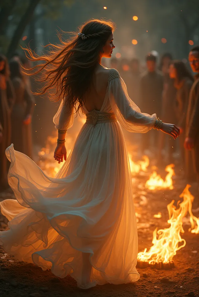 brown hair sidhe dancing between the fires at the night