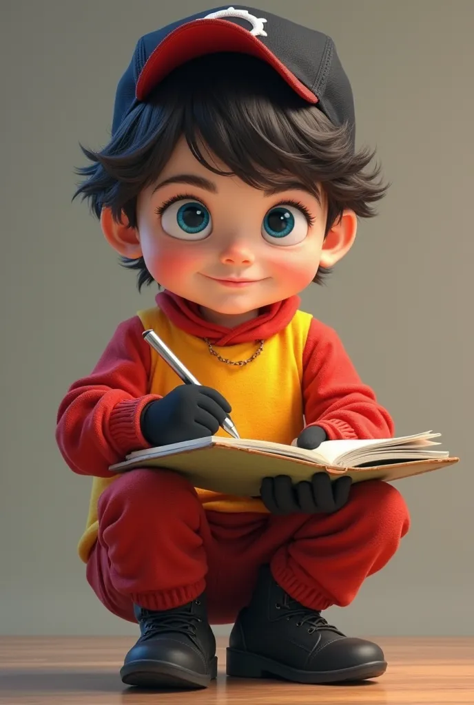 Create a high-definition image of Kristófer, a  boy with a big head, big blue eyes that shine with innocence, and black hair peeking out from under a black baseball cap with a red curved brim. He wears a bright yellow shirt with long red sleeves, red pants...