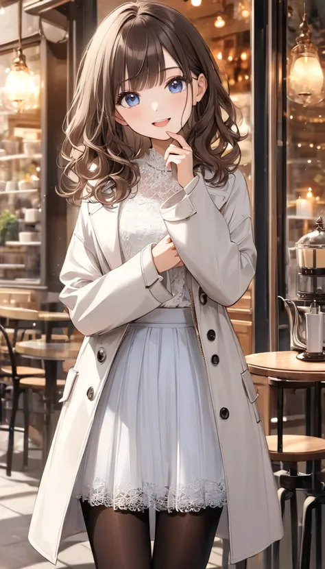 masterpiece, highest quality, 1 girl, hand between legs, solo, SMALLE BREASTS, dark blue eyes, brown hair, medium-length wavy hair, bangs, from the front,   casual、white wool coat、lace tops、White tulle skirt, Candlestick, Black pantyhose、 Read more,  pumps...