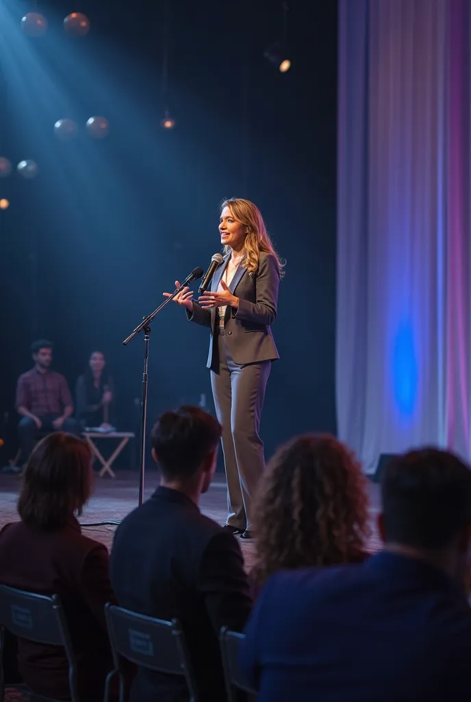 Woman talking on a stage with a microphone ( to make it easy to draw )