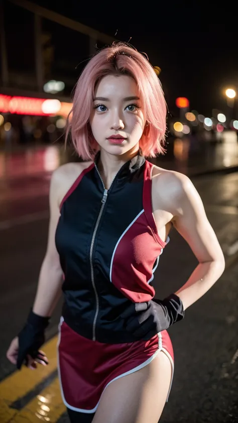 A highly realistic depiction of a young woman inspired by Haruno Sakura from Naruto, reimagined in the real world. She has shoulder-length pastel pink hair with a natural texture, slightly tousled, and deep green eyes with a lifelike sparkle. Her skin is s...