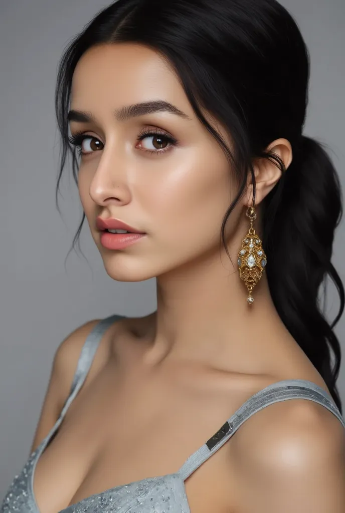 (masterpiece, best quality:1.2), 1girl, solo, Shraddha,1girl, asymmetrical hair, black hair, brown eyes, closed mouth, collarbone, dress, earrings, forehead, grey background,