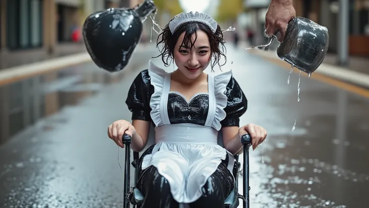 A headshot of a beautiful young Japanese woman wearing a maid outfit sitting in a folding chair in the street as water is poured over her head from the off-screen, completely soaking her. Water completely covers her face and her hair is all straggly. Wet...