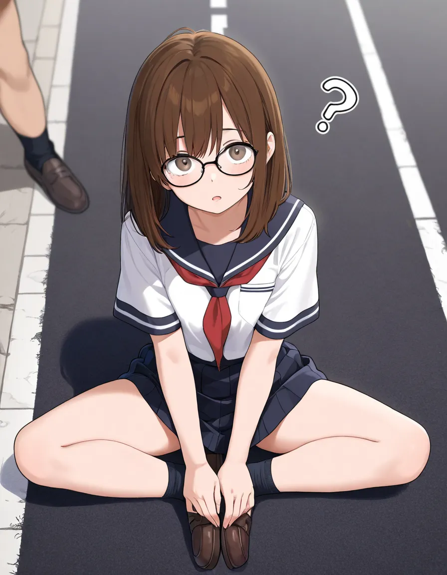 Girl,  loose brown hair, glasses, sitting on the asphalt, , covers the crotch with his hands, Confused,