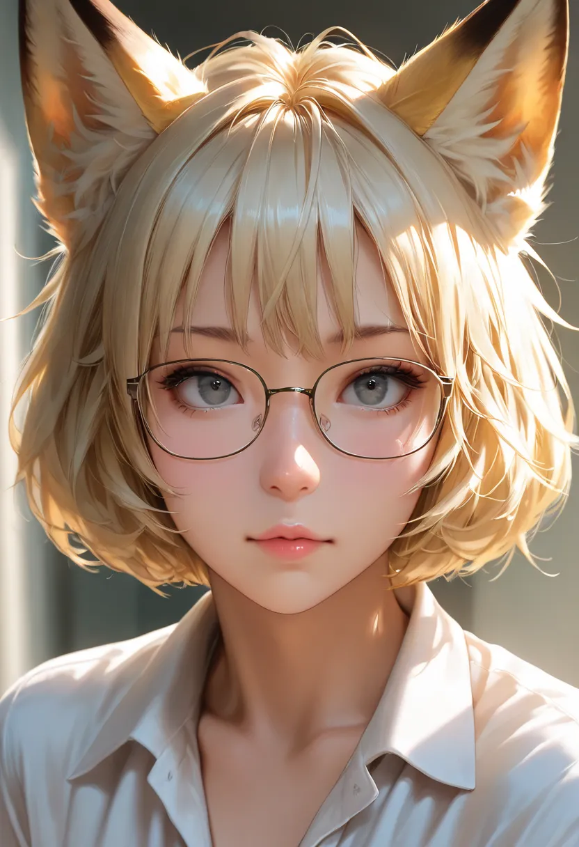 masterpiece,best quality,semrealistic,detailed face,JK,(1gir),girl fox,fox ears,blonde hair,short hair,messy hair,glasses,face focus,upper body
