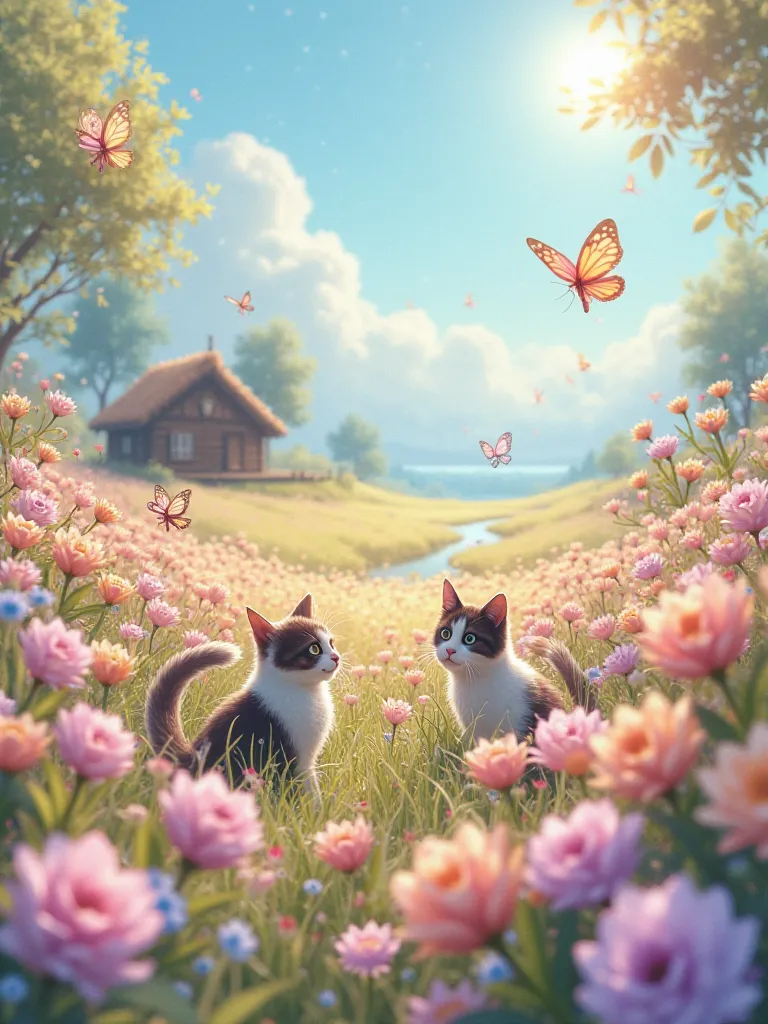 butterfly々and cats are playing in a field full of flowers
The color of the flowers is pastel
There is a hut and a creek in the blue sky