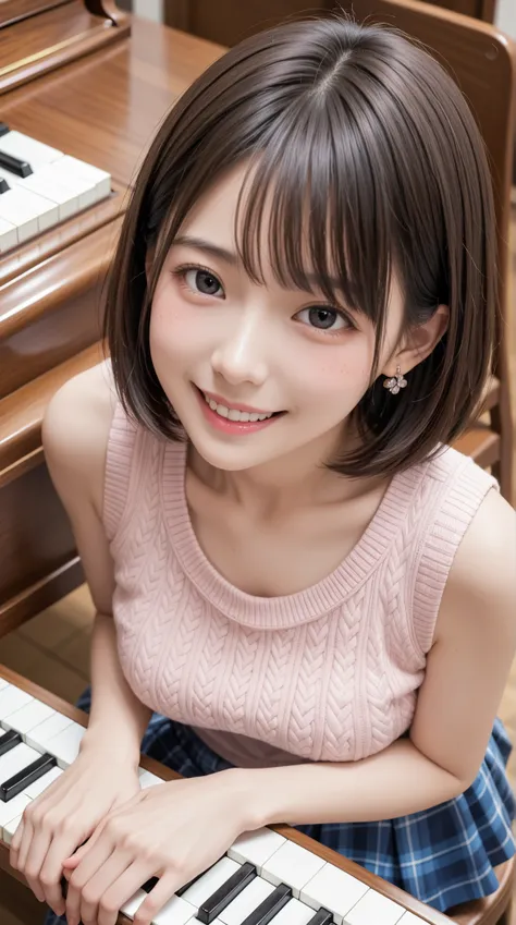 Japanese　 Adult Female　（（（Kamigami）））　 looking up 　blush　in a room with a piano　（（pink sleeveless sweater））　（（Plaid Mini Skirts））　earrings　（（（by）））　〈〈 Head tilted to the side 〉〉　Stick out your mouth　 Hair　〈〈〈bob cut the blue cloth〉〉〉　〈〈〈 shiny hair〉〉〉　Sit ...