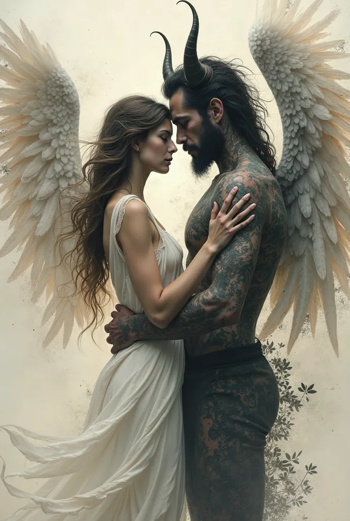 An abstract tattoo with an angel woman with long hair and wings and a man devil walking together