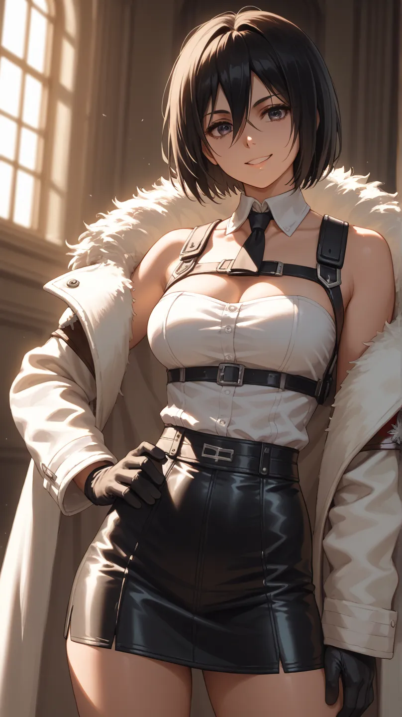 Mikasa in a revealing outfit with a fur coat, posing confidently in a dimly lit room with ornate decor. the image also shows a young woman standing in the middle of the image, with her upper body facing the viewer and looking directly at them. she appears ...