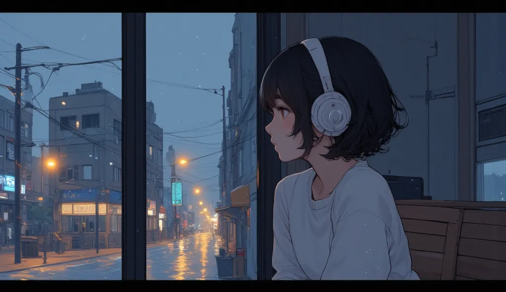 A melancholic anime girl with short wavy black hair, wearing sleek white wireless headphones, sitting by a large window on a rainy evening. Raindrops gently trickle down the glass as she looks outside, lost in thought. The city lights reflect on the wet wi...