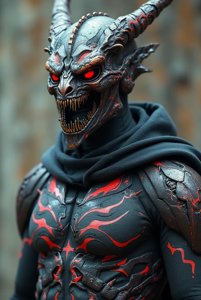 Superhero costume with a dragon skull helmet but like a normal helmet it doesn't stick out or anything, Let it be a technological symbiote style suit with red eyes, The costume with muted colors. I give you context of the superhero is a human who merged wi...