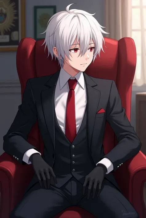 anime character, High school boy, white hair with red eyes, serious and cold personality, he wears an open black suit, without a suit vest, with the pure white shirt and red tie, on his hands, black gloves, seated and with a background of an office room, l...