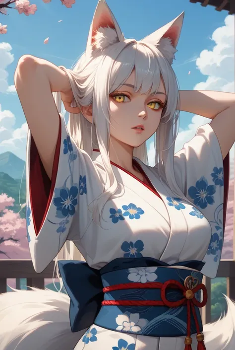 1girl, fox tail, sky, white hair, long hair, animal ears, masterpiece, yellow eyes, kitsune, parted lips, looking at viewer, kimono, floral print, outdoors, portrait, arms behind head, adjusting hair, cloud, volumetric lighting,
