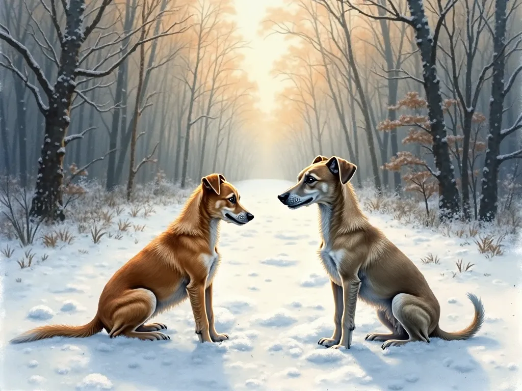 create a mirror image of a tired, sad-looking old Afghan Greyhound on one side and a spitting image of himself as a happy young puppy on the other. The scene is set in a serene winter forest landscape with soft, diffused lighting that enhances the tranquil...