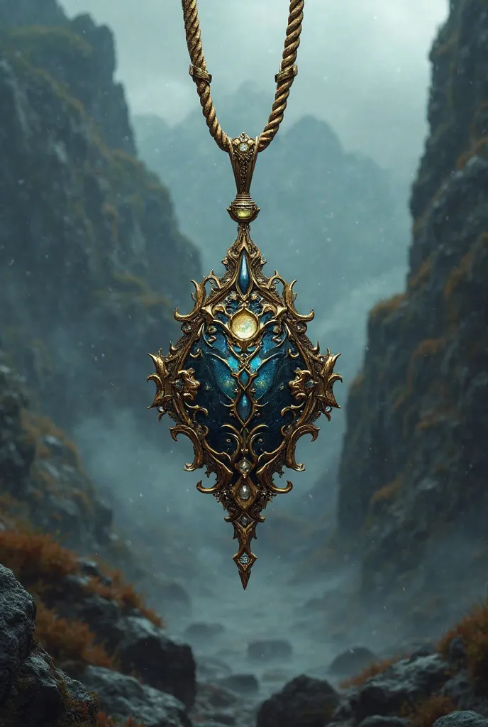 Gold cord written look of evil pendant with landscape behind 