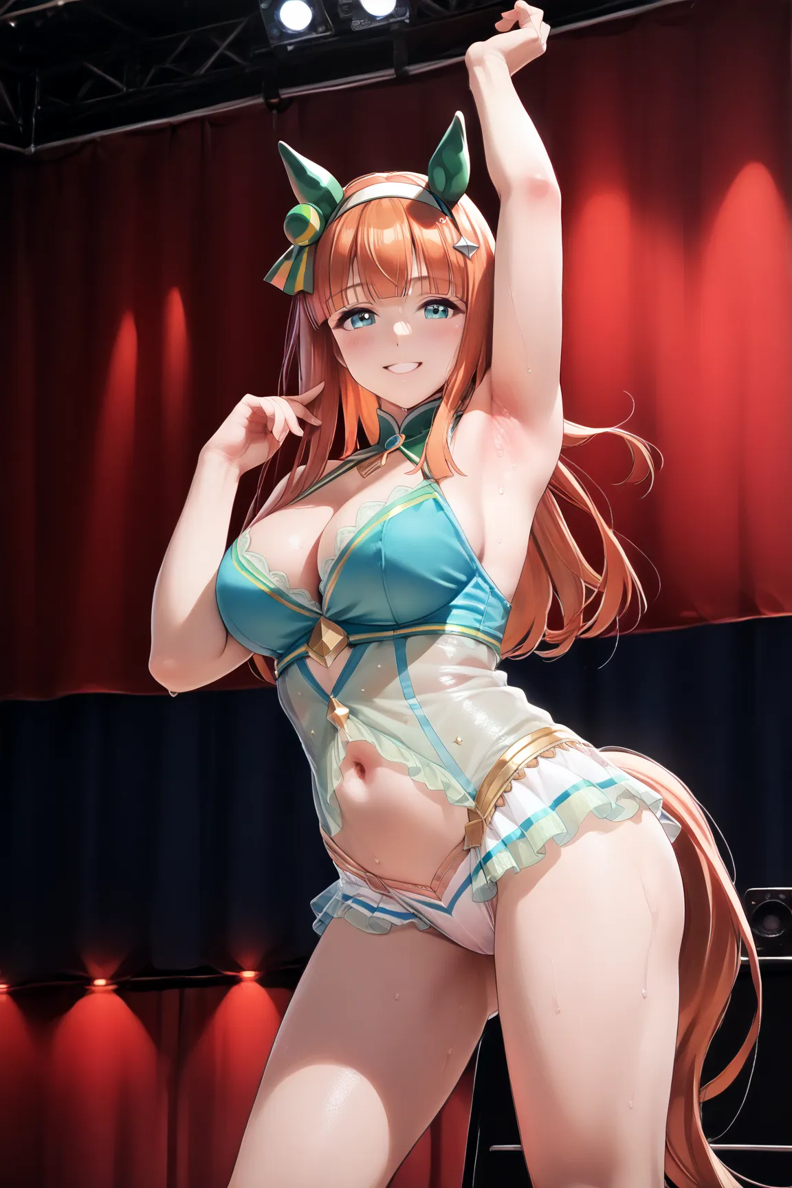 sexy dance show,1girl,solo,silence suzuka \(umamusume\),score_9, score_8_up, score_7_up, Girl's profile picture, realistic skin texture, detailed picture, HD32k,happy Smile,red blush,((Live Stage,spot light:1.2)),(see through costume:1.2),Stage costumes,Ho...