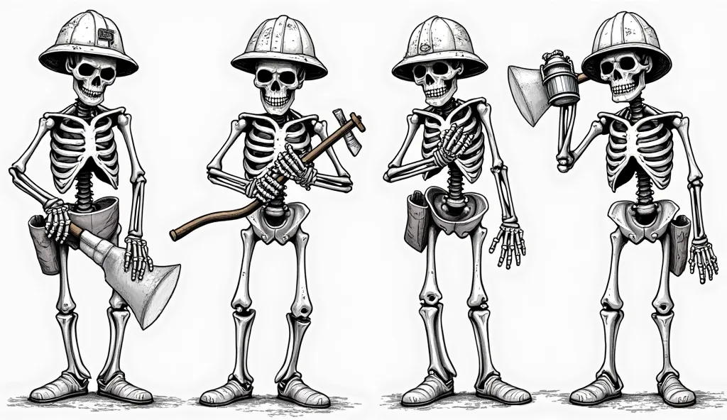 Six skeleton miners drawn in black line art, perfect for stickers. Each skeleton has a unique pose and expression, wearing a worn-out miner’s outfit with a rugged helmet and a lantern attached to the front. They hold mining tools like pickaxes, shovels, an...