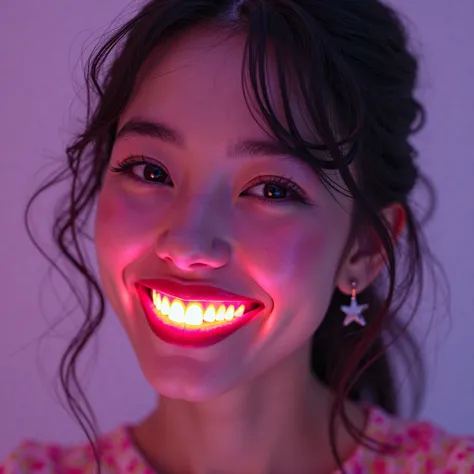 Girl smiling and her teeth are neon colored