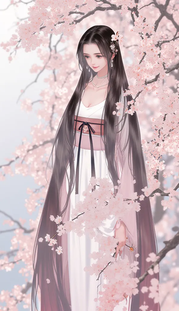 ar311.In this captivating artwork, a woman clad in traditional attire stands amidst delicate cherry blossoms, her figure radiating tranquility. Long, flowing hair adorned with floral accents frames her contemplative demeanor, inviting a sense of peace. The...