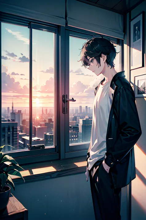 A futuristic hotel room(Black and white room、Glass window、The future of lighting) An illustration of a beautiful landscape and a tall man's profile、masterpiece、A man looking at a city with a sunset in the near future from the window of his room in the near...