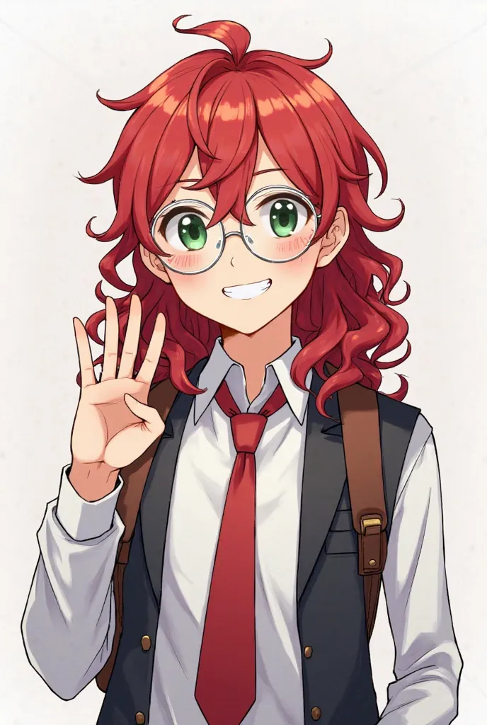  **Gender & Age:** 18-year-old male, a high school student.  
- **Hair:** Bright red, long, curly/wavy hair. The curls cascade to his shoulders, with bangs styled to partially cover his forehead.  
- **Clothing:** Standard school uniform—white button-up sh...