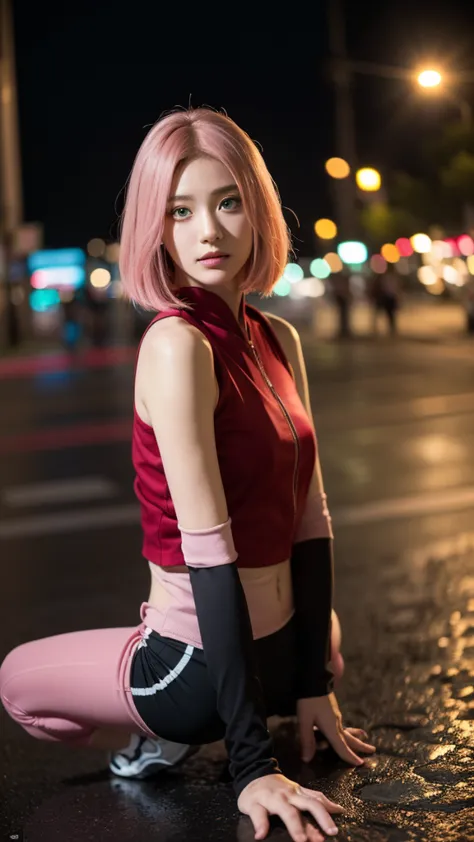 A highly realistic depiction of a young woman inspired by Haruno Sakura from Naruto, reimagined in the real world. She has shoulder-length pastel pink hair with a natural texture, slightly tousled, and deep green eyes with a lifelike sparkle. Her skin is s...