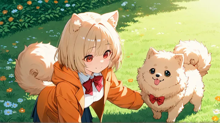 masterpiece,best quality,
High Resolution、Pomeranian puppy is taking a walk in the park、、