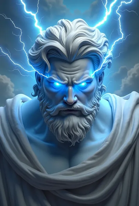 Draw a bust of a statue of young Zeus with blue lightning bolts from his eyes