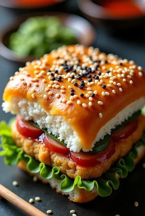 is a rice sandwich cut in half, Japanese flower grunge rock, Momoshiki Otsutsuki, California roll , The item fully shown in the photo, almost iida, araki, bancho, one fried tofu sandwich, detailed image, Iwakura, Juicy cutlet with sesame seeds, beast, sush...